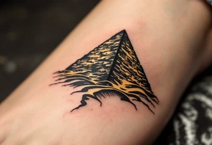 A jet-black pyramid casting a shadow over a golden sand dune. tattoo idea
