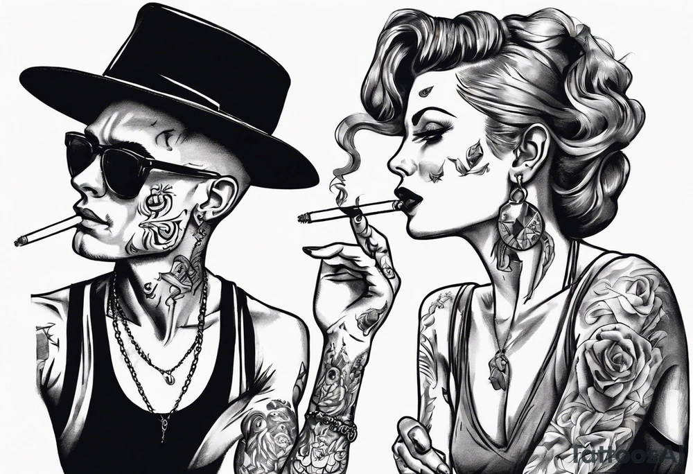 Image of a man and a woman without hats and glasses. A man with earrings in his ears stands smoking a cigarette, a woman sits with her legs wide apart tattoo idea