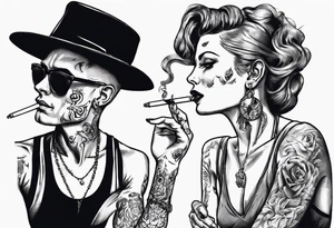 Image of a man and a woman without hats and glasses. A man with earrings in his ears stands smoking a cigarette, a woman sits with her legs wide apart tattoo idea