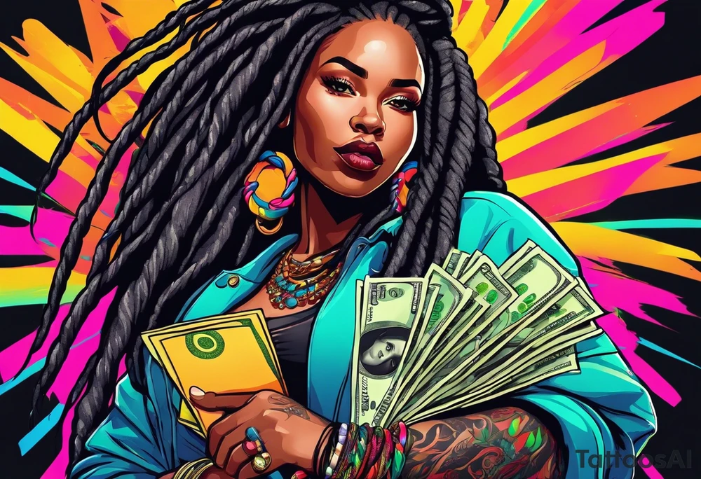 beautiful thick black women with long straight dreadlocks, new school style, holding piles of money, colorful, neon, bright, streetwear, streetstyle, urban tattoo idea