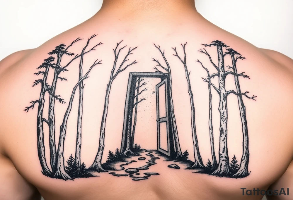 A forest with a doorway that is slightly ajar, leading to space tattoo idea