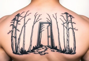 A forest with a doorway that is slightly ajar, leading to space tattoo idea