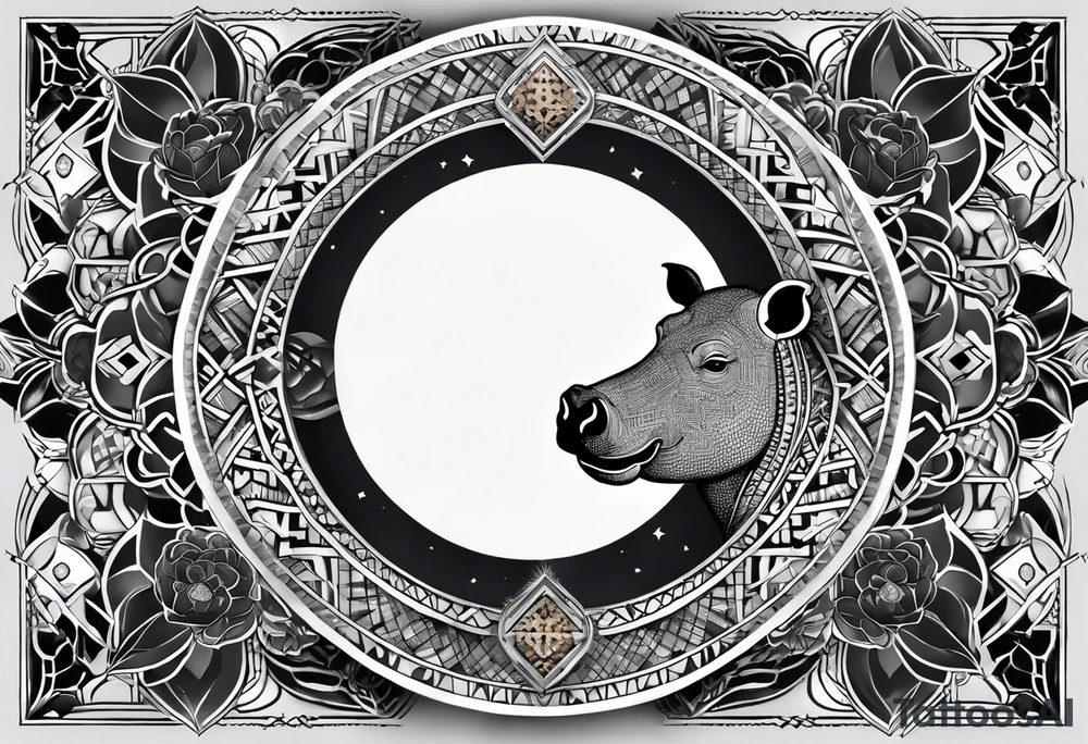 Very asymmetrical, +geometric pattern, with realistic full moon, with hippo at side look, +tribal, +geometric, +inkart , +blackwork, +grey scale, + sketch
with wintersweet flower bud, +inkart touch, +for men tattoo idea