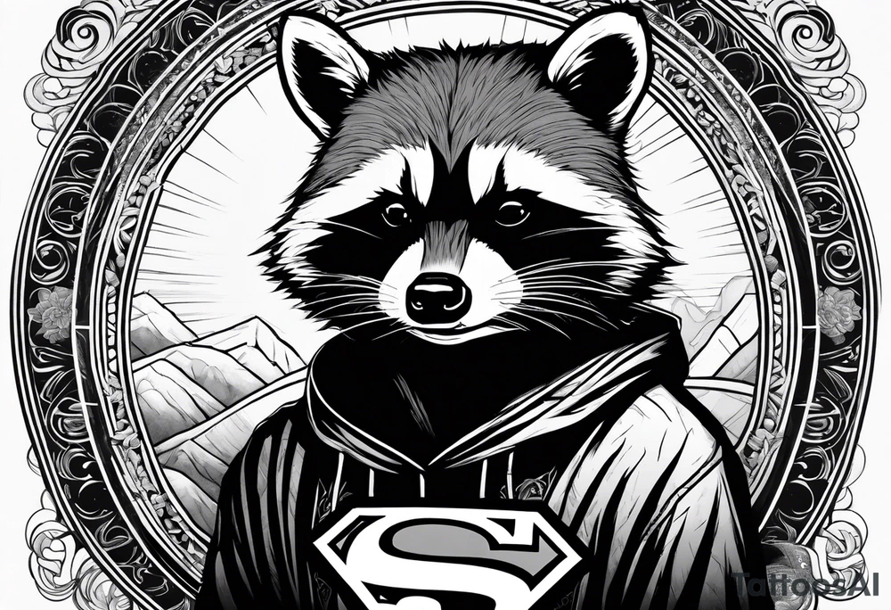 Raccoon wearing a white Superman logo on a black hoodie tattoo idea