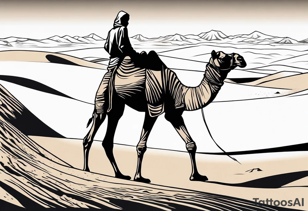 Design a tattoo showcasing a vast desert landscape with low, undulating sand dunes. Feature a man walking alongside his camel, both resilient against the harsh environment, the man covering his face with a long cloth for protection. tattoo idea