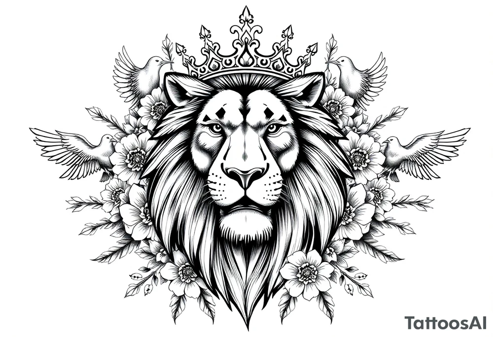 powerful majestic lion with a crown, surrounded by floral ornaments and birds tattoo idea