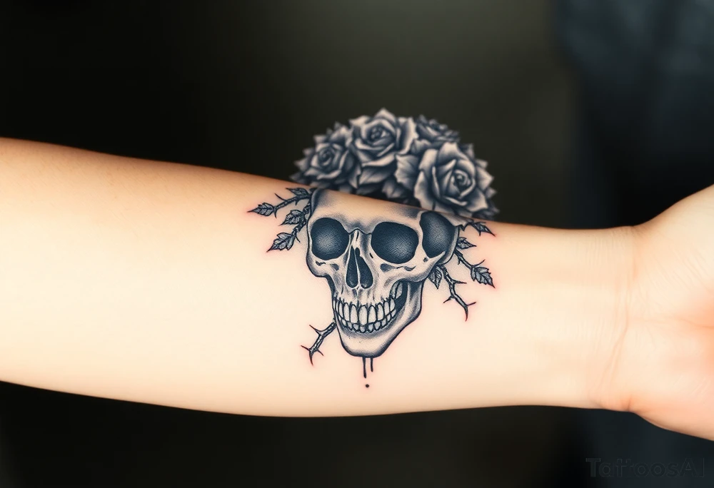 ornate skull adorned with crown of wild roses and thorns tattoo idea