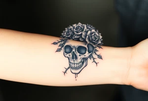 ornate skull adorned with crown of wild roses and thorns tattoo idea