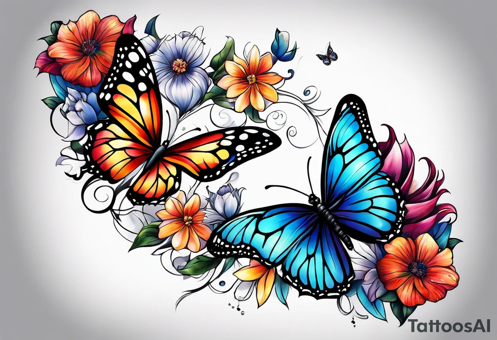 Sleeve with butterflies and colorful flowers tattoo idea