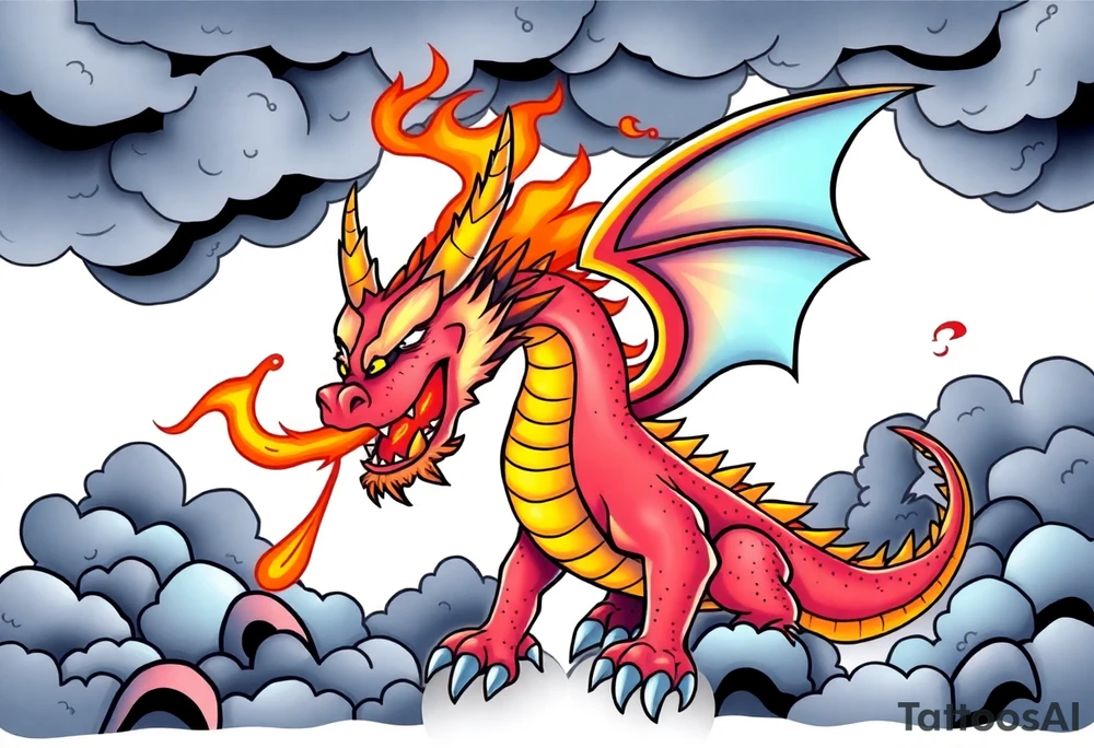 fierce dragon breathing iridescent fire against stormy skies tattoo idea