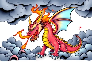 fierce dragon breathing iridescent fire against stormy skies tattoo idea