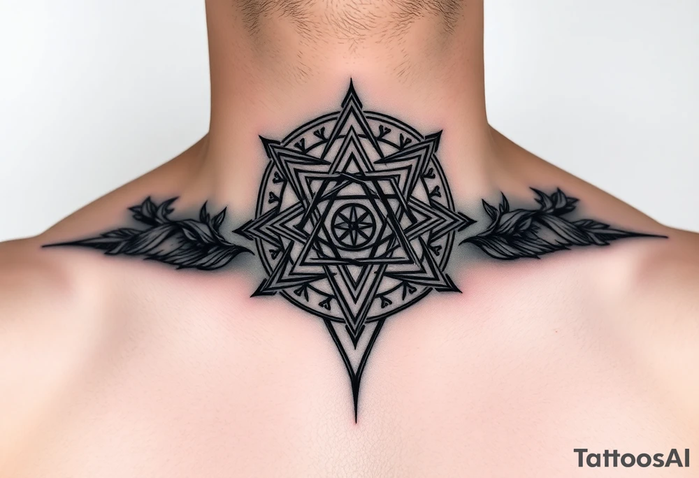 wide sacred geometry throat tattoo with multiple layers tattoo idea