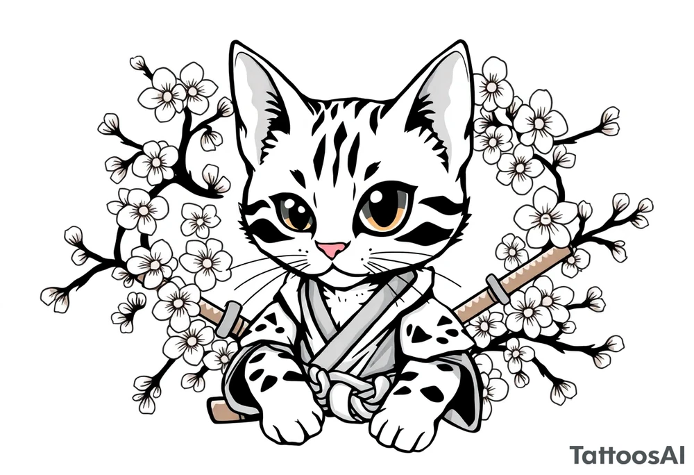 A bengal cat with a missing left eye , dressed as a Japanese samurai with katana swords and surrounded by cherry blossoms tattoo idea