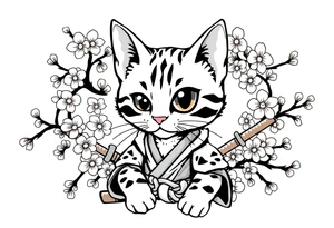 A bengal cat with a missing left eye , dressed as a Japanese samurai with katana swords and surrounded by cherry blossoms tattoo idea