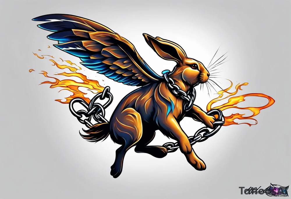 Rabbit breaking from chains and flying away tattoo idea