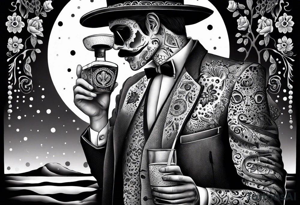 Mexico day of dead  man standing
 drink horizontal tattoo idea
