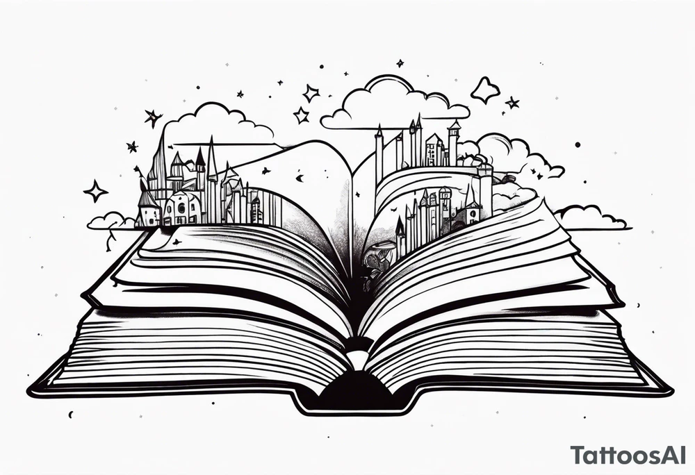 Open book, fantasy coming to life from inside, whimsical, small tattoo idea