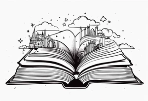 Open book, fantasy coming to life from inside, whimsical, small tattoo idea