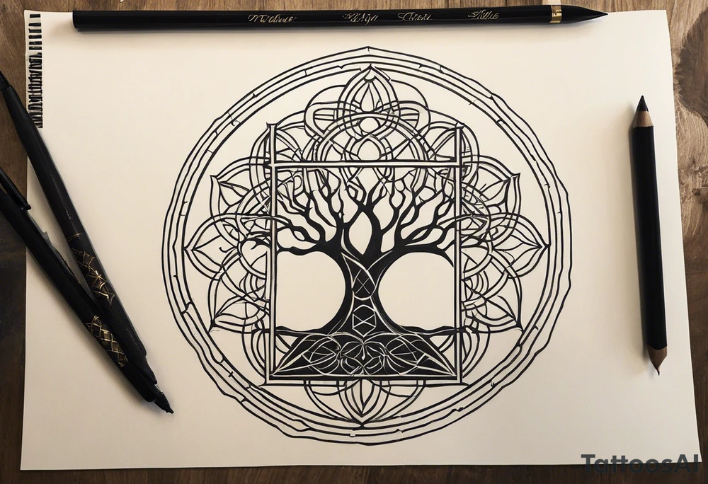 Preliminary Information: The structure of the tattoo design will start from the bottom and continue vertically. Use fine lines, black coloring and shading when needed, and microrealism style. 
The idea is to tell the story of my life. Start with the sacred geometry tree of life, with a modern style, to represent my birth. Then above it, an old cross, old boxing gloves hanging down, and the word “Obedience” in fine line writing tattoo idea