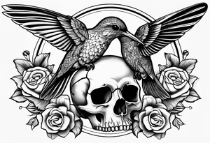hummingbird, skull, flower, storm clouds tattoo idea