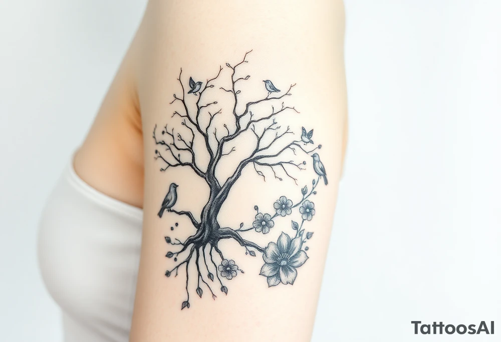 Angelic scene with tree, birds and flowers tattoo idea