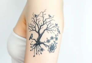 Angelic scene with tree, birds and flowers tattoo idea