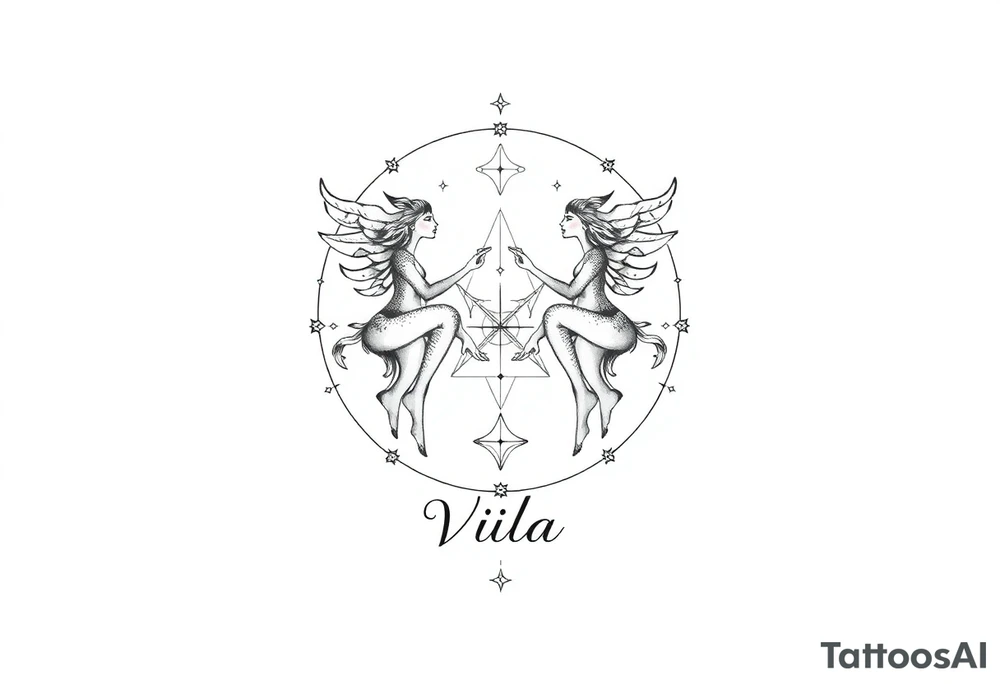 intricate Gemini zodiac star constellation with sacred geometry and cosmic elements with my name Viola in it tattoo idea