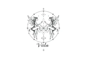 intricate Gemini zodiac star constellation with sacred geometry and cosmic elements with my name Viola in it tattoo idea