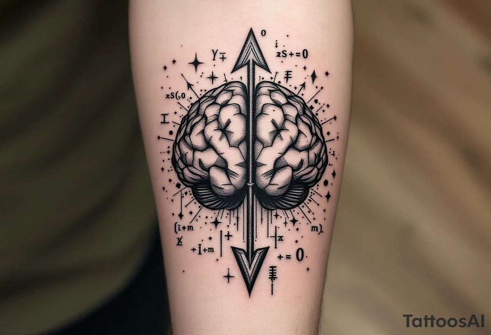 A front-seen brain in geometric and straight lines, math symbols arround. A detailed arrow crosses from below and exit from the top, with its tip desintegrating to represent entropy and watercolor stains spilled from the arrow. Around of the main tattoo, math and physics formulas, including the formulas "ΔS ≥ 0" and "(iδ + m) Φ = 0" tattoo idea