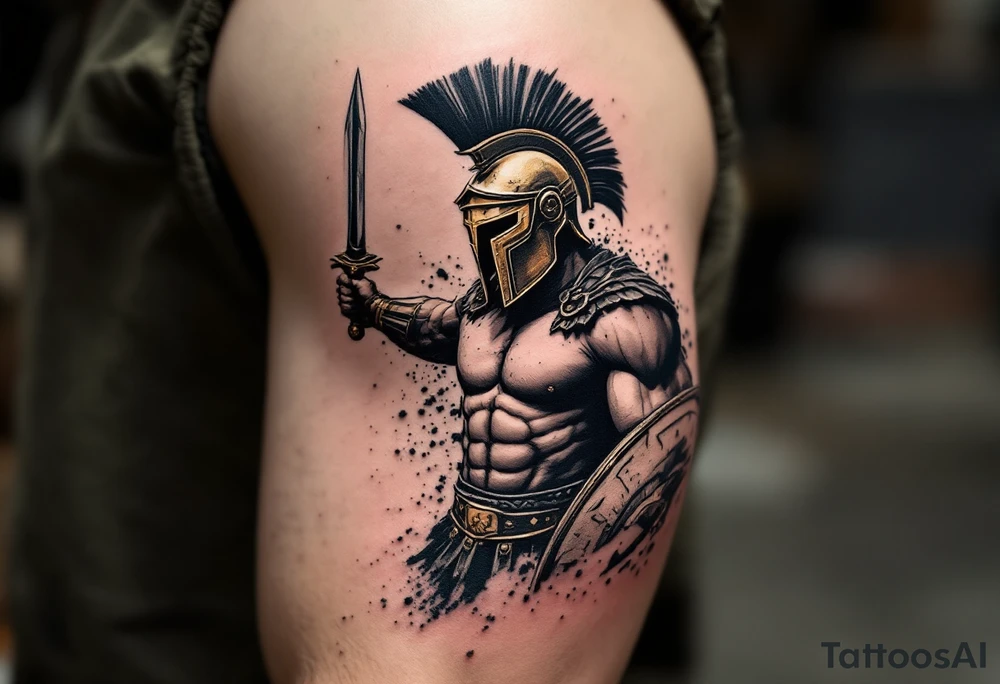 The Final Strike – A muscular gladiator mid-attack, his gladius raised high, slicing through an opponent’s shield. His bronze helmet reflects the sun, while his battle-worn leather armor is covered in dust and sweat. tattoo idea