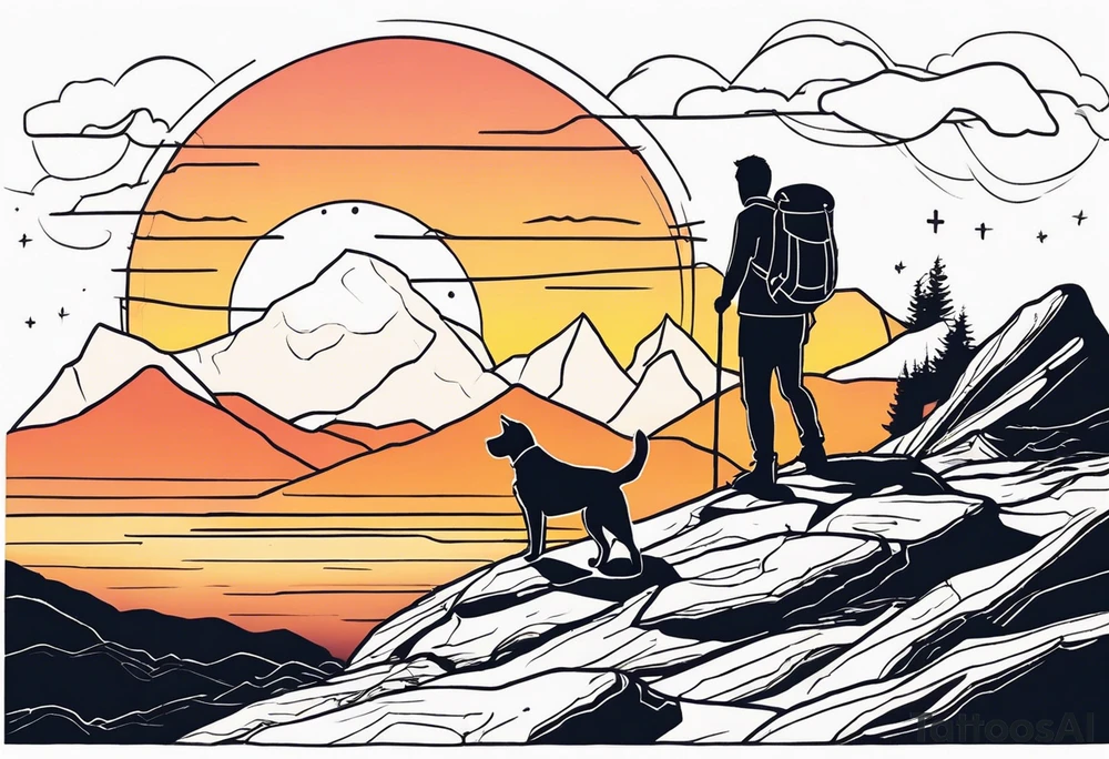 nature, sunset, mountains, a father and son hiking with their dog and cat and a cross tattoo idea
