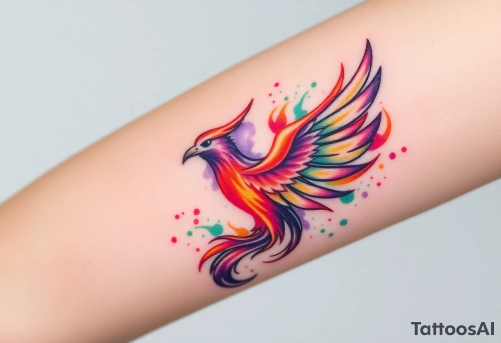 Phoenix with blazing flames with purple, orange and green splashes tattoo idea