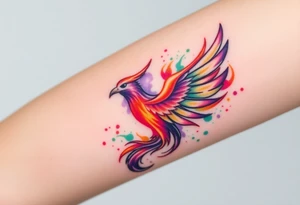 Phoenix with blazing flames with purple, orange and green splashes tattoo idea