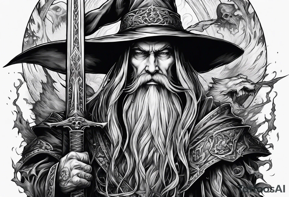 Wizard
with long sword on a pile of dead demons tattoo idea Wizard
with long sword on a pile of dead demons tattoo idea