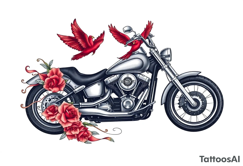 Harley grey motorcycle driving away, two red birds flying, roses and lace, flames tattoo idea