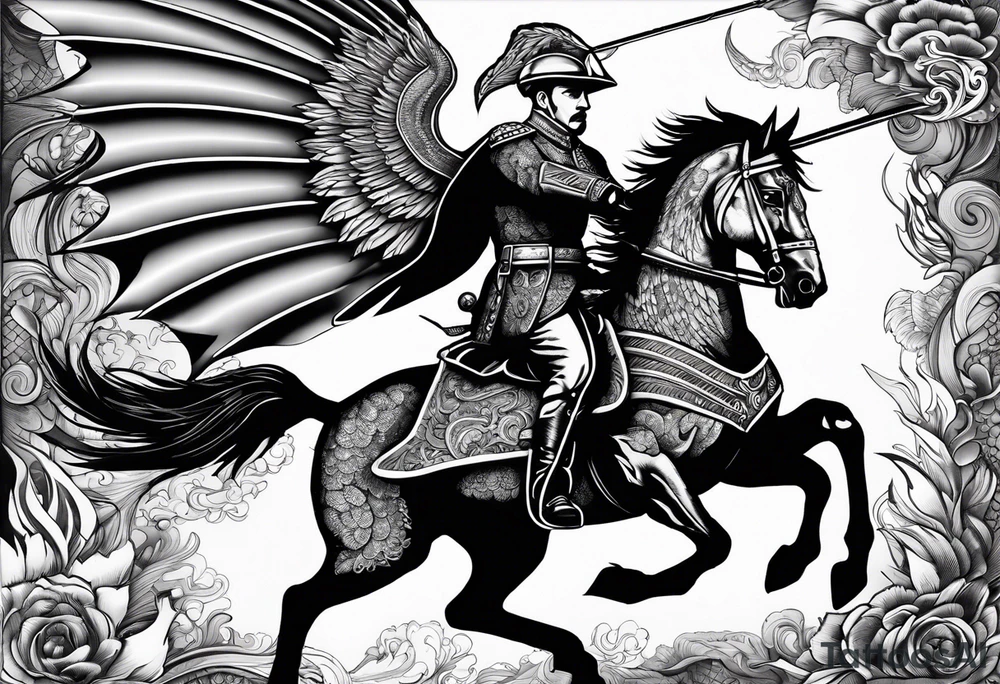 Polish Hussar Cavalry Soldier Rushing towards enemy, wings turned into dragon wings, charging with a spear that breaths fire tattoo idea