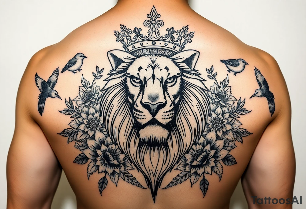 powerful majestic lion with a crown, surrounded by floral ornaments and birds tattoo idea