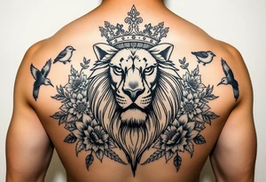 powerful majestic lion with a crown, surrounded by floral ornaments and birds tattoo idea