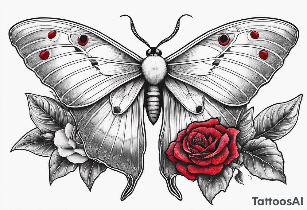 Luna moth with long tail 
three red roses behind and around the Luna 
moth tattoo idea
