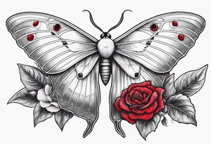 Luna moth with long tail 
three red roses behind and around the Luna 
moth tattoo idea