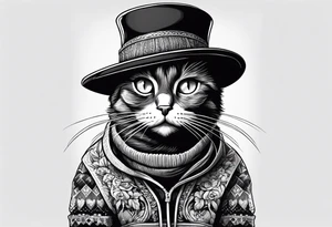 Black cat with funny hat and sweater tattoo idea