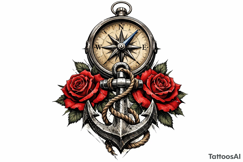 a compass under it an anchor and roses. tattoo idea