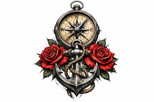 a compass under it an anchor and roses. tattoo idea