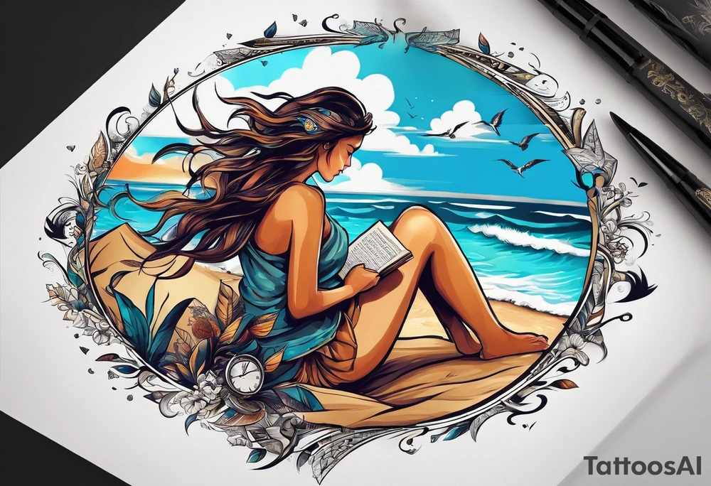 Someone is sitting on the beach reading a book and the pages are flying in the wind, the purpose of the tattoo is to emphasize that just as the pages are flying in the wind, you also have to flip through situations in life tattoo idea
