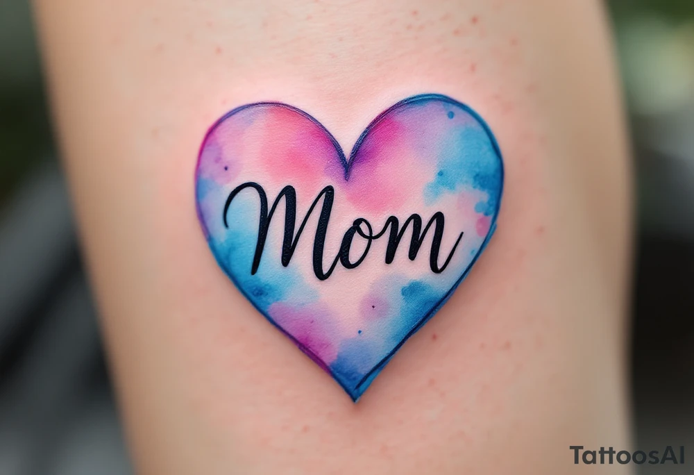 A watercolor heart in pink and blue with the word “Mom” scripted across it in elegant cursive. tattoo idea