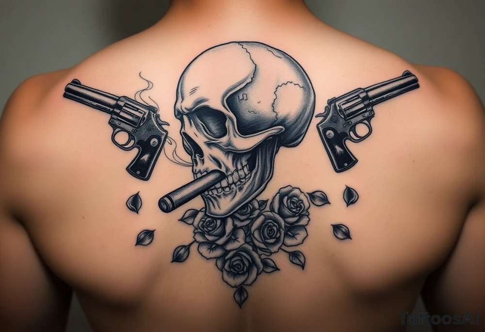 Close-up skull profile, cigar burning, vintage revolvers flanking, rose petals falling. tattoo idea