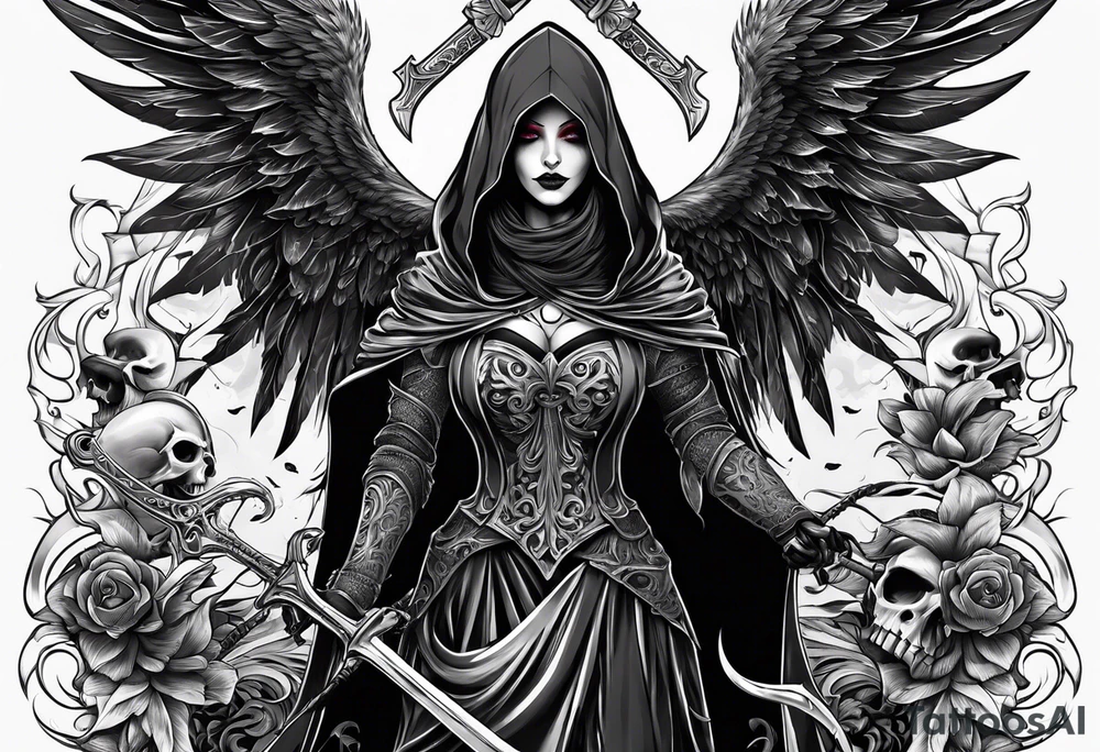 Lady grim reaper with wings, scythe and skulls tattoo idea