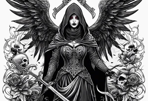 Lady grim reaper with wings, scythe and skulls tattoo idea