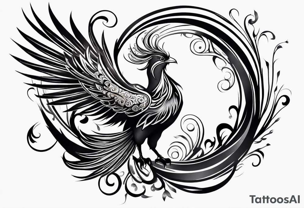 tribal pheonix with long tail curling tattoo idea