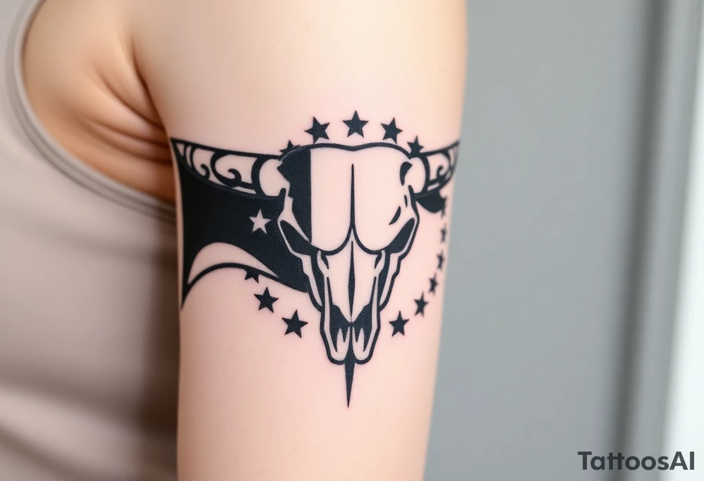 Longhorn skull Texas flag next to it with stars and circling it tattoo idea